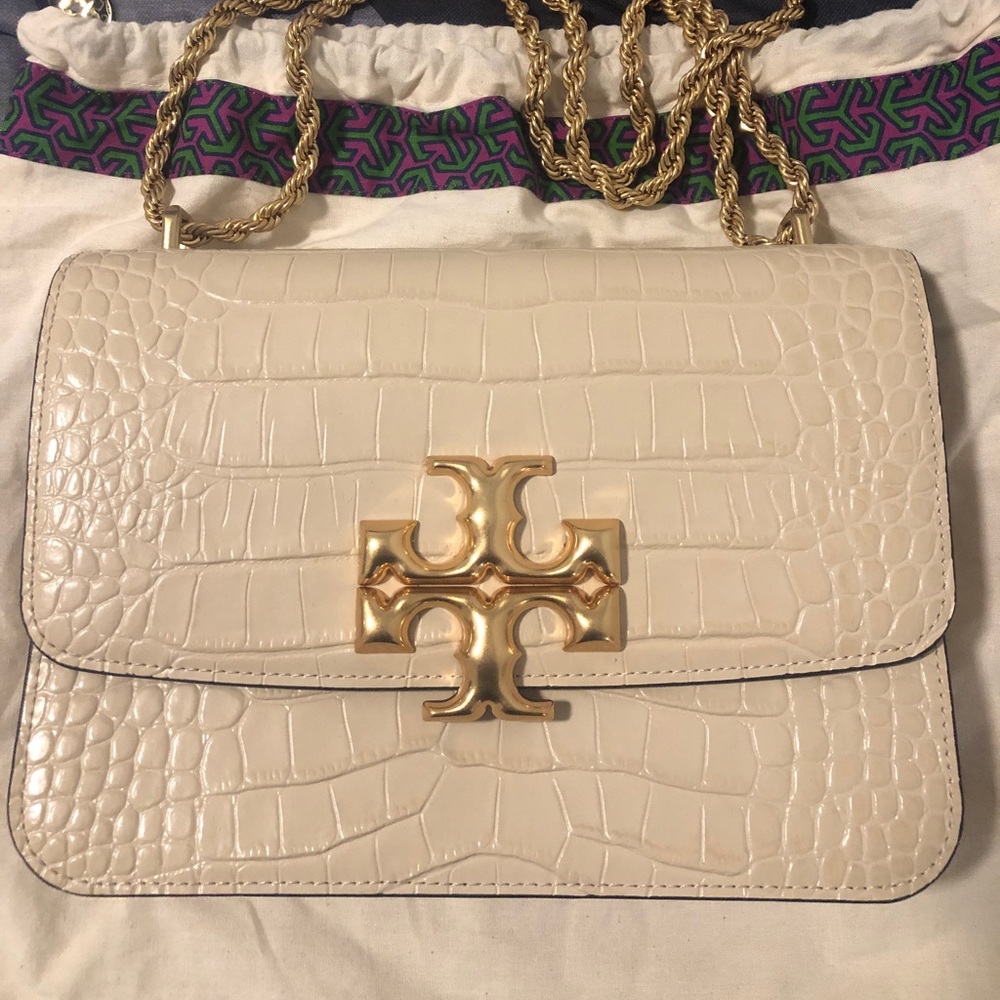 Tory burch cream eleanor croc embossed shoulder bag
